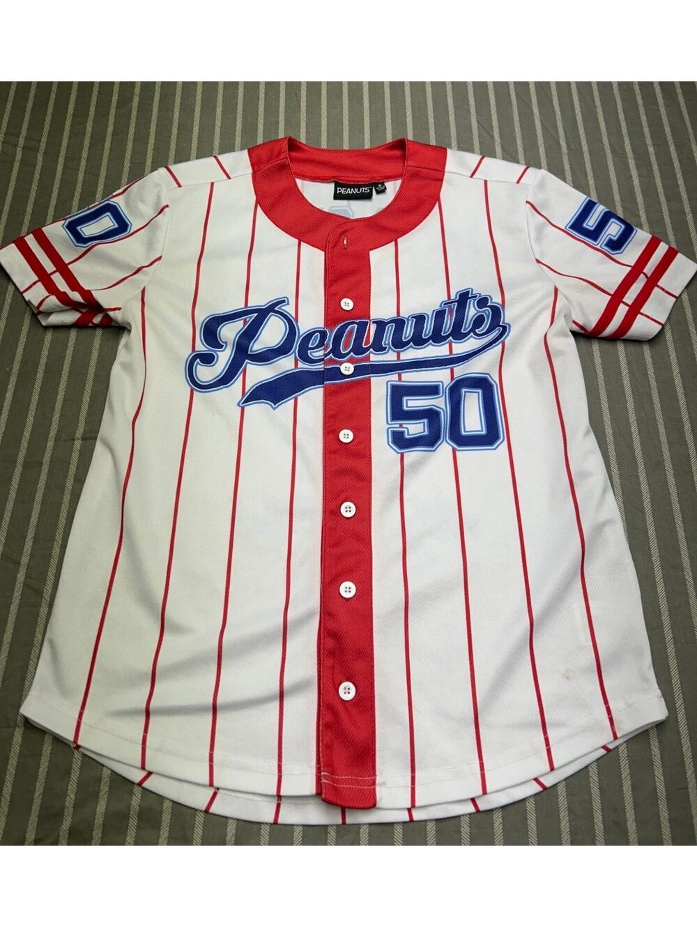 Peanuts Snoopy Graphic Baseball Jersey – White/Red Pinstripes – Men’s S